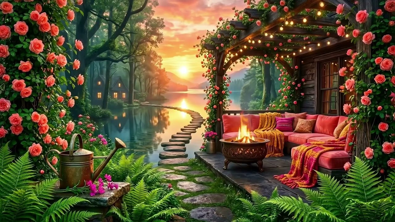 🌸 Secret Flower Garden by the Lake | Acoustic Soft Piano & Cozy Firepit Ambience ✨