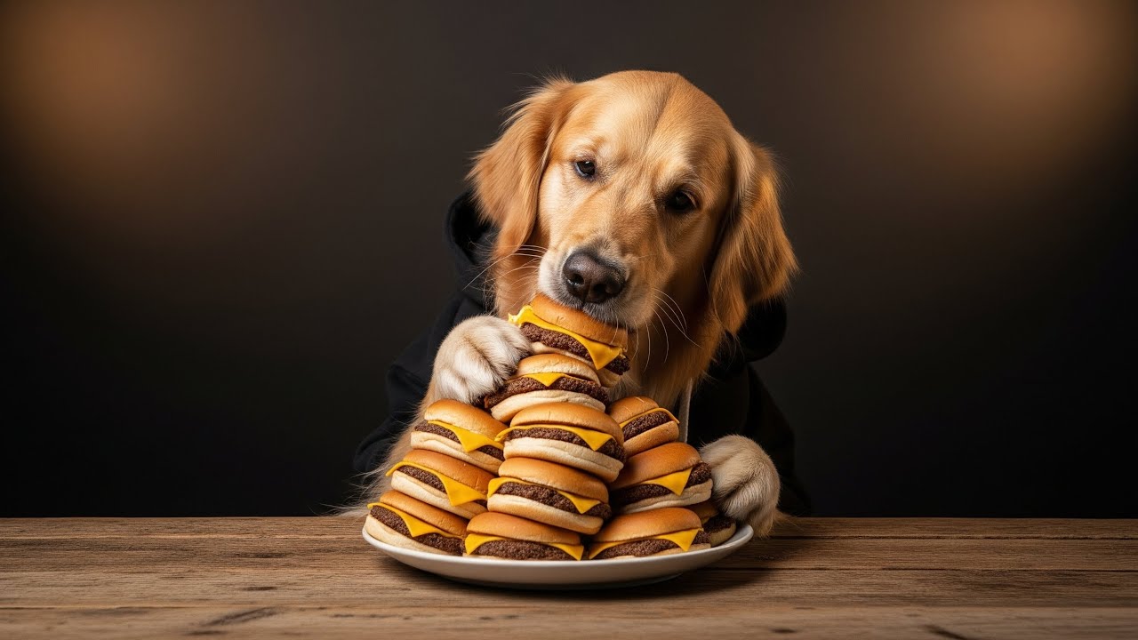 A Golden Retriever takes on the challenge of eating twenty cheeseburgers 🐶🍔🍔 | ASMR MUKBANG |