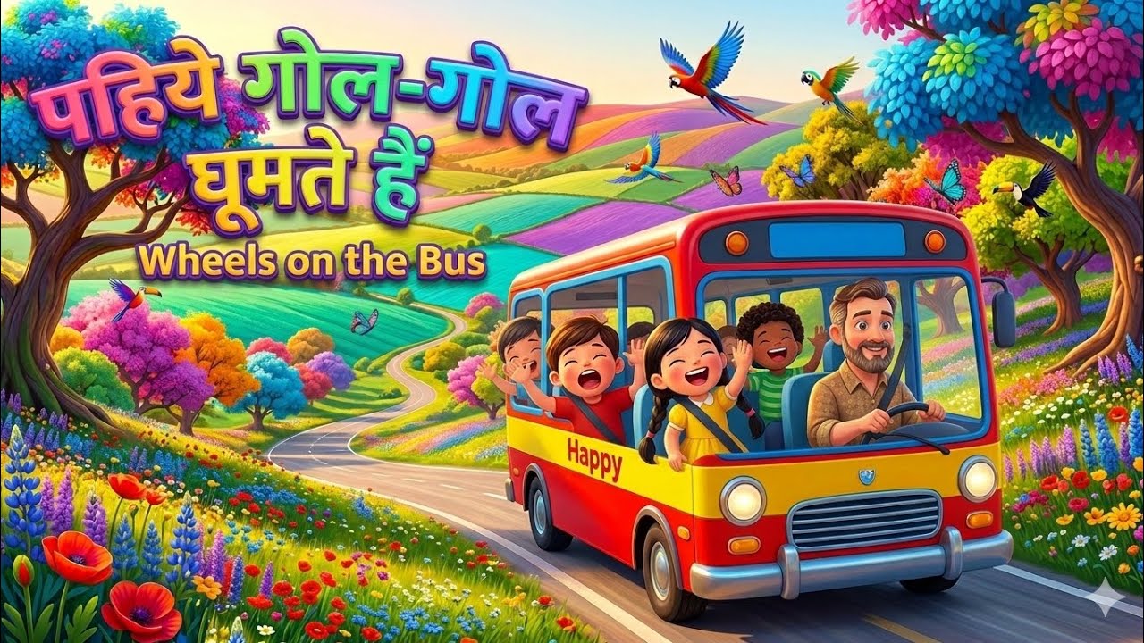 पहिये गोल-गोल घूमते हैं 🚌 | Wheels on the Bus Hindi | Kids Rhymes & Fun Song for Children