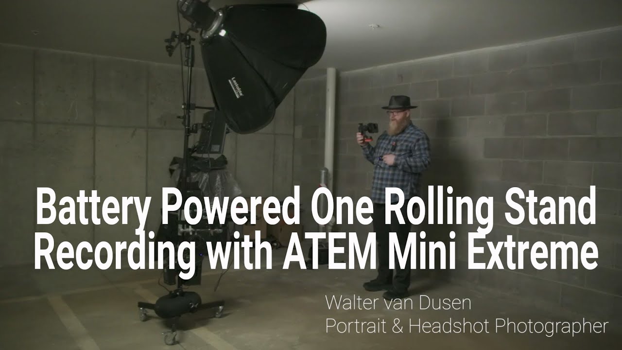 Battery Powered Rolling Studio Stand Powering NANLITE Forza 200, ATEM Mini Pro Extreme & Sony ZV1