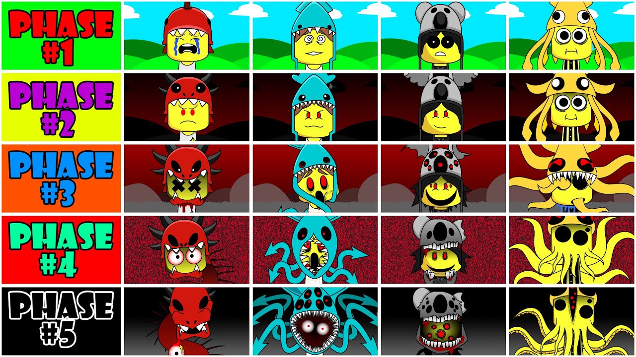 My Sprunki OC: DINO KID, KRAKEN KID, KOALA KID, SQUID KID (Phase 1 to Phase 5 from 99 Nights Forest)