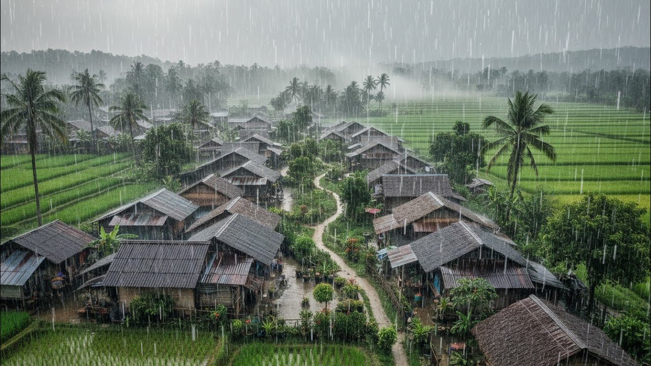 Cinematic Tropical Rain in Countryside Village | Relaxing Nature Sounds