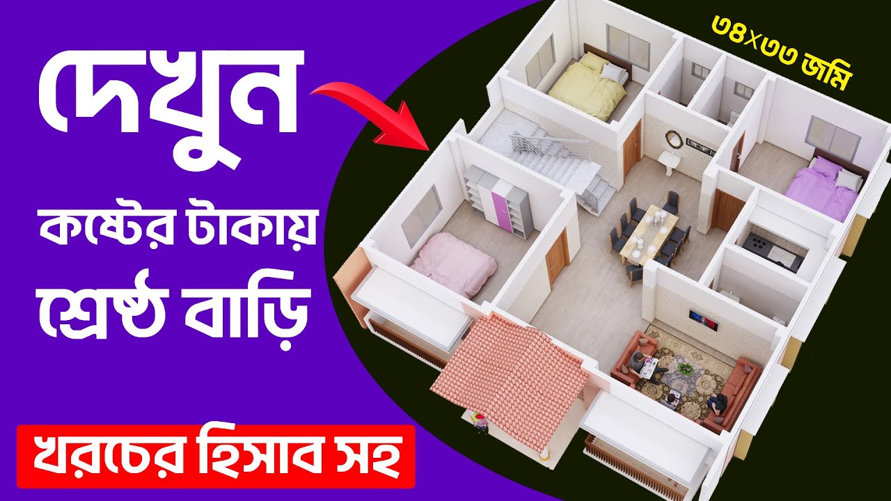 কষ্টের টাকায় শ্রেষ্ঠ বাড়ি, হিসাব সহ, ৩ রুম, ১ তলা, সম্পূর্ণ নতুন ডিজাইন, Hossain House Design