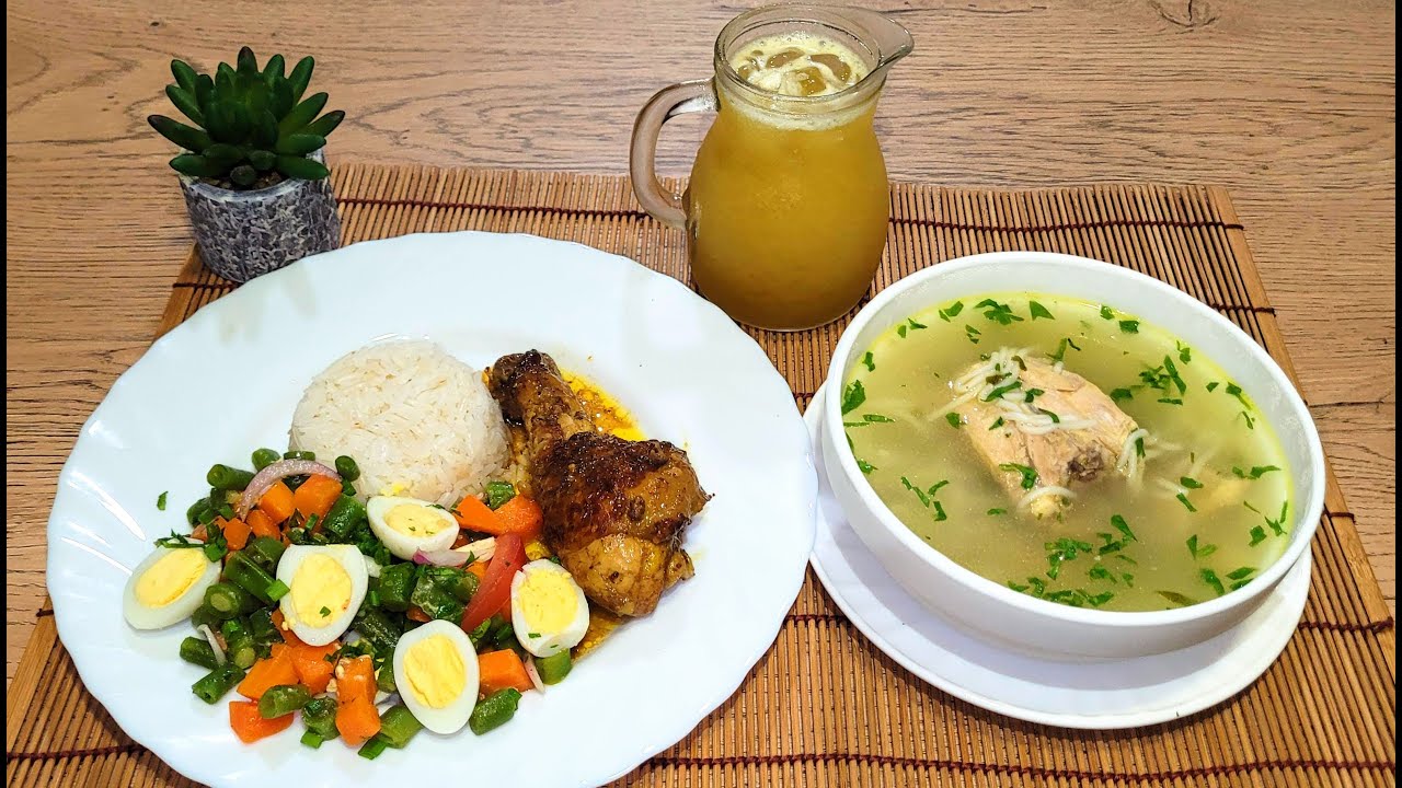 ♨️SOPITA DE POLLO🍲 ENSALADA DE JUDIAS🫛🥗 POLLO AL VAPOR 🍗🍗Y JUGO DE NARANJILLAS🍹🇪🇨
