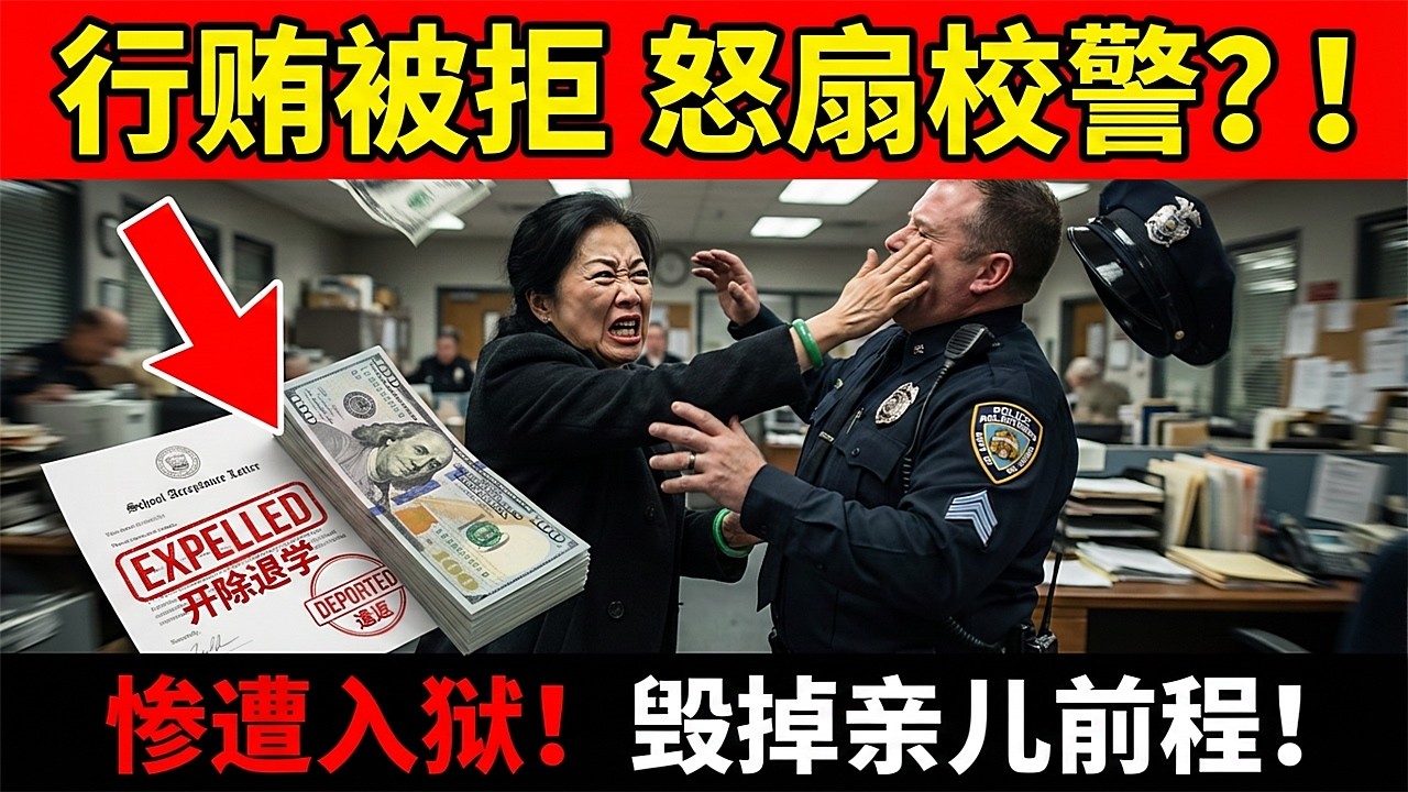 为掩盖代考带现金行贿！大妈硬闯名校狂扇美国校警，全家签证当场作废喜提终身禁入！