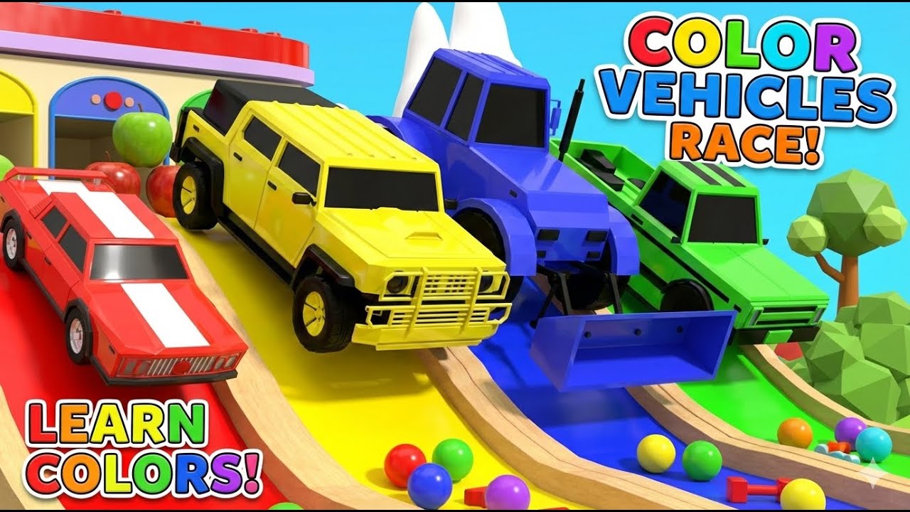 GIANT Rainbow Slide Challenge!🌈 4 Cars vs Color Wall Smash & Ball Pit | Nursery Rhymes Kids |Colors