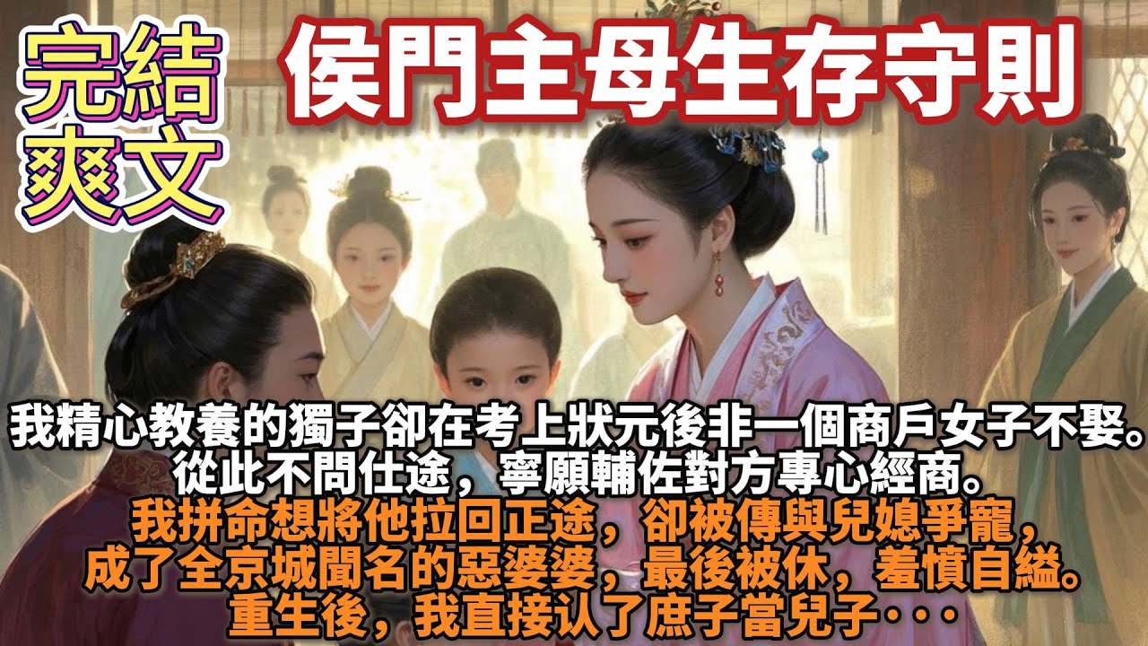 完結爽文：侯門主母生存守則。我是侯門主母，精心教養的獨子卻在考上狀元後非一個商戶女子不娶。從此不問仕途，寧願輔佐對方專心經商。我拼命想將他拉回正途，卻被傳與兒媳爭寵，成了全京城聞名的惡婆婆，最後被休