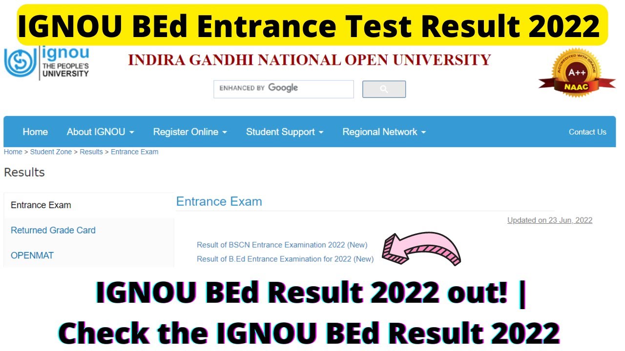IGNOU BEd Entrance Test Result 2022 | IGNOU BEd Result 2022 out! | Check the IGNOU BEd Result 2022