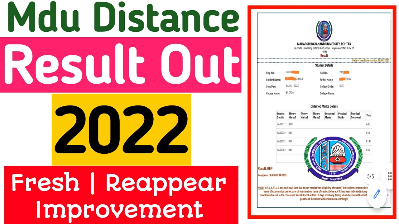 Mdu Distance Result Out 2022 | Mdu Ba distance result out 2022 | mdu distance reappear result 2022