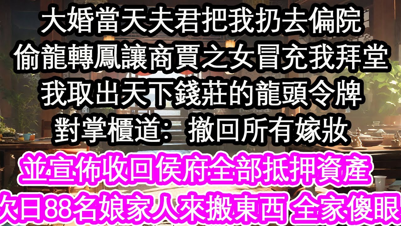 大婚當天夫君把我扔去偏院偷龍轉鳳讓商賈之女冒充我拜堂我取出天下錢莊的龍頭令牌對掌櫃道：撤回所有嫁妝並宣佈收回侯府全部抵押資產次日88名娘家人來搬東西 全家傻眼【花開】【愛情】【生活】