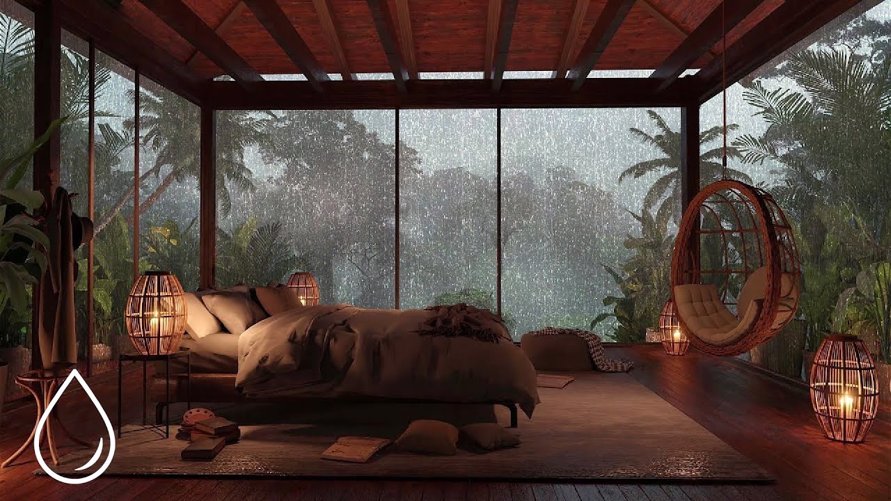 Tropical Bedroom in a Rainy Forest with Wind Sounds & Thunderstorm