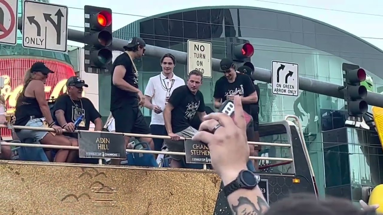 Nic Hague, Adin Hill, Howden, Chandler Stephenson; Stanley Cup Champions Parade, Las Vegas, 6/17/23