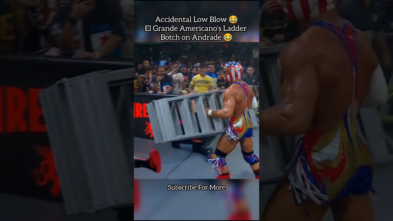 Botch Moment: Accidental Low Blow to Andrade by El Grande Americano 😂 #shorts #wweshorts