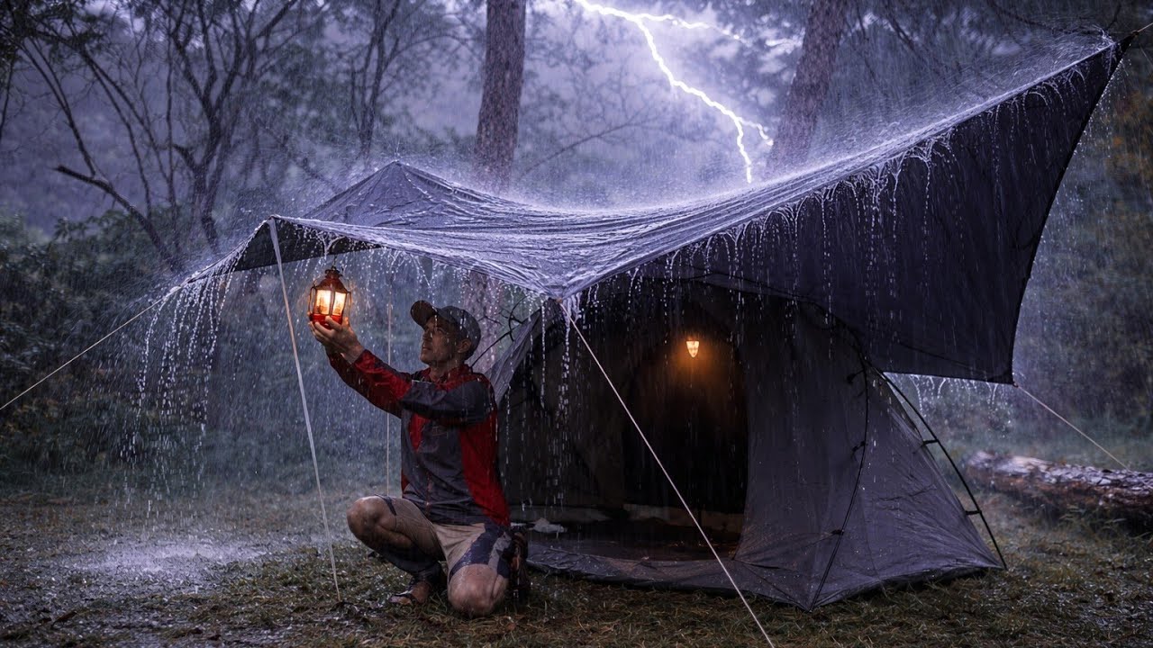 Camping Alone in Heavy Rain Storm at Night ⛈️ Relaxing Thunder & Rain Sounds