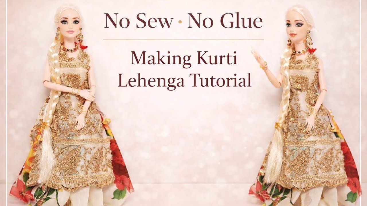 No Sew No Glue Kurti Lehenga Tutorial/Easy Kurti Lehenga Making No Sew/Kurti Lehenga for Doll