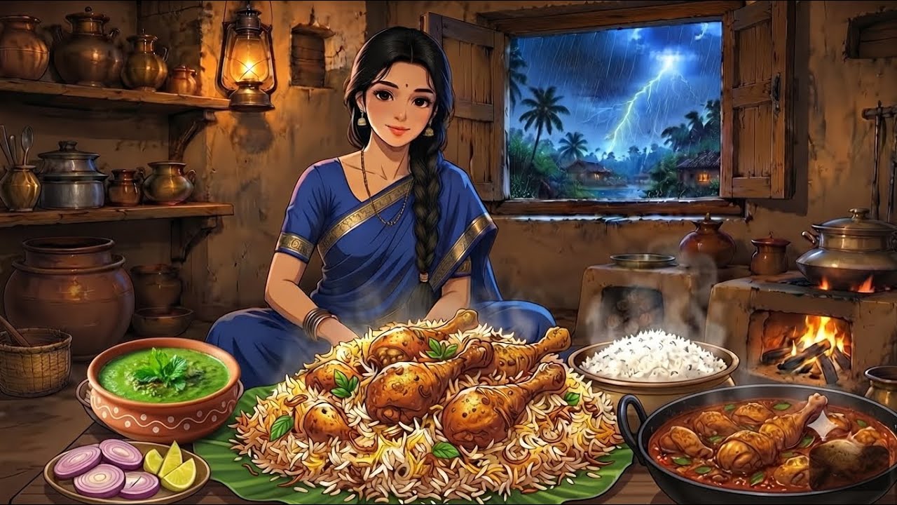1990s Indian Village Life 🌧️| Peaceful Rainy Day, Dum Biryani Cooking | Ghibli Village l Style ASMR