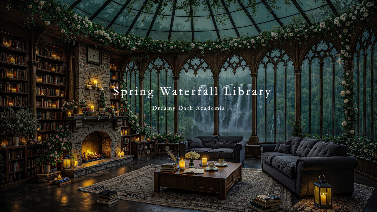 Spring Waterfall Gothic Library Ambience 🌧️ Cozy Fireplace & Dark Academia Piano for Study Focus
