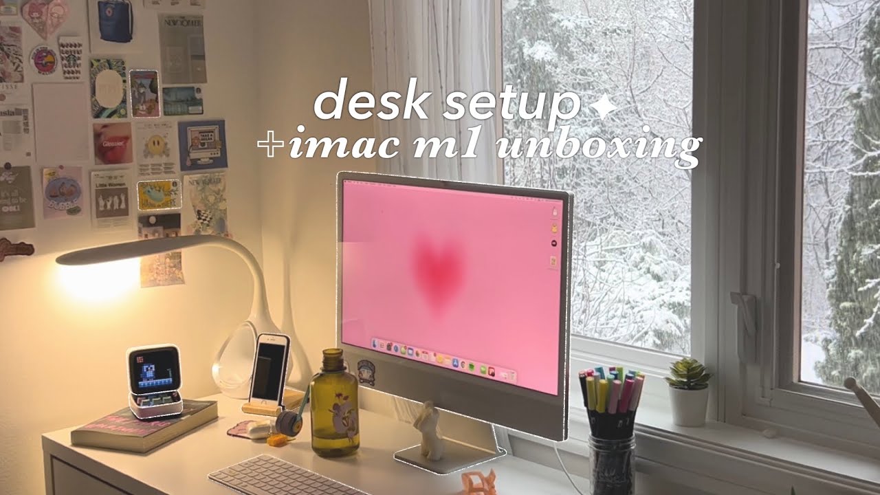 imac m1 unboxing + aesthetic desk setup 🍓🎧