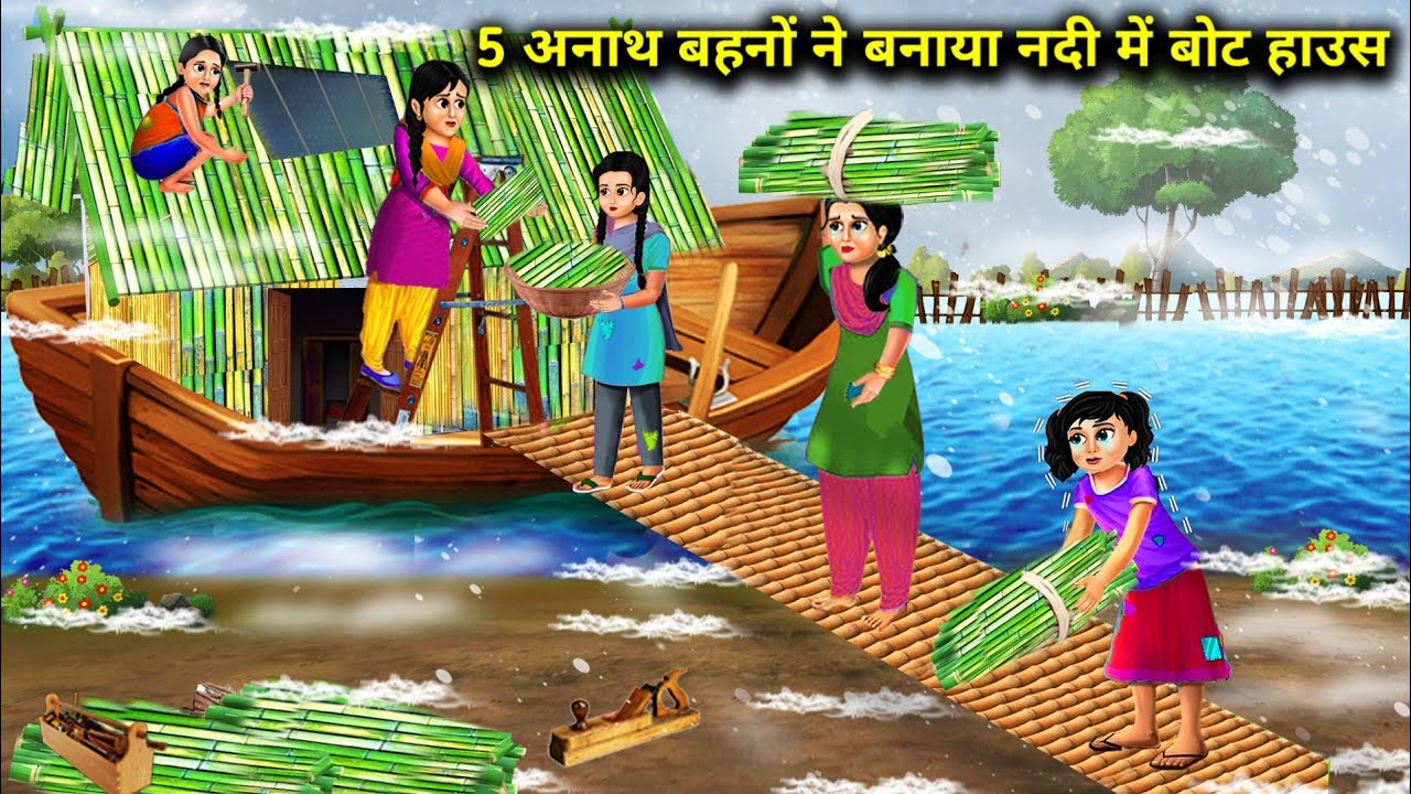 ठंड में 5 अनाथ बहनों ने बनाया नदी में बोट घर | Hindi cartoon stories | 5 sisters built a boat house