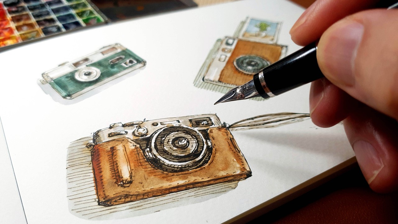 간단히 그려보는 카메라 3종 펜 드로잉 ✍️📷 | Fountain Pen & Watercolor Tutorial