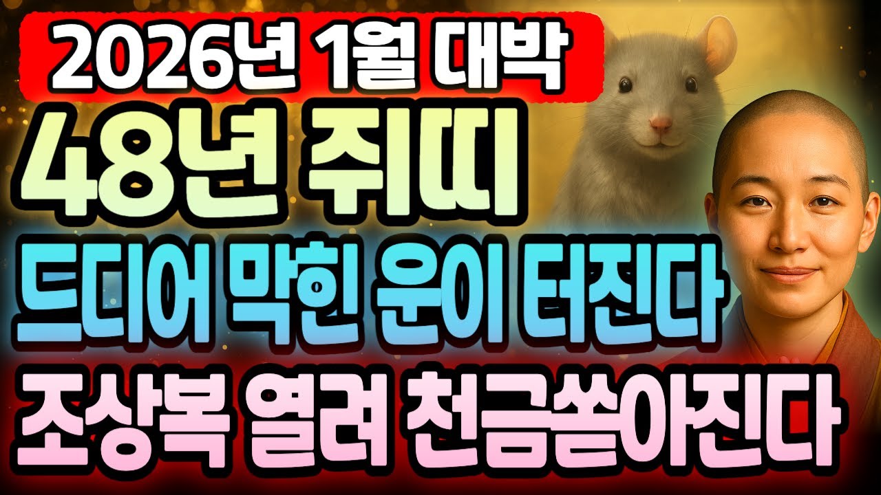 힘들었던 시간 끝났다! 쥐띠 78세 1948년 무자년생 2026년 1월 운세 병오년 새해 이제 재물운 금전운 천금 쏟아지는 부자 대운