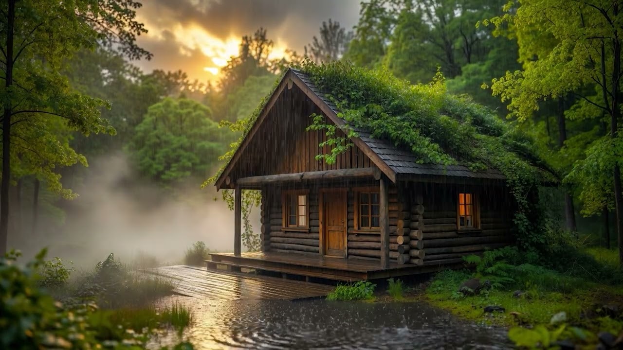 Gentle Rain on a Log Cabin GREEN ROOF| Sleep, Focus & Relaxation