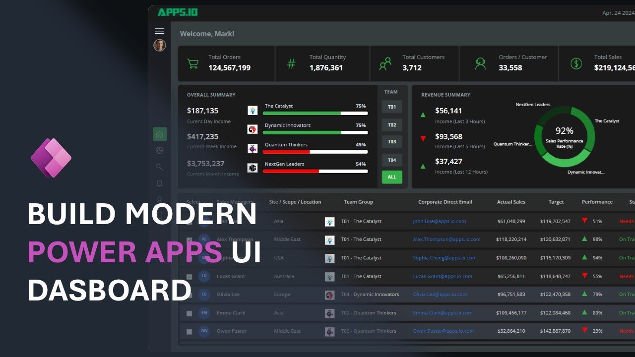 Современный пользовательский интерфейс и галерея Power Apps (темный)