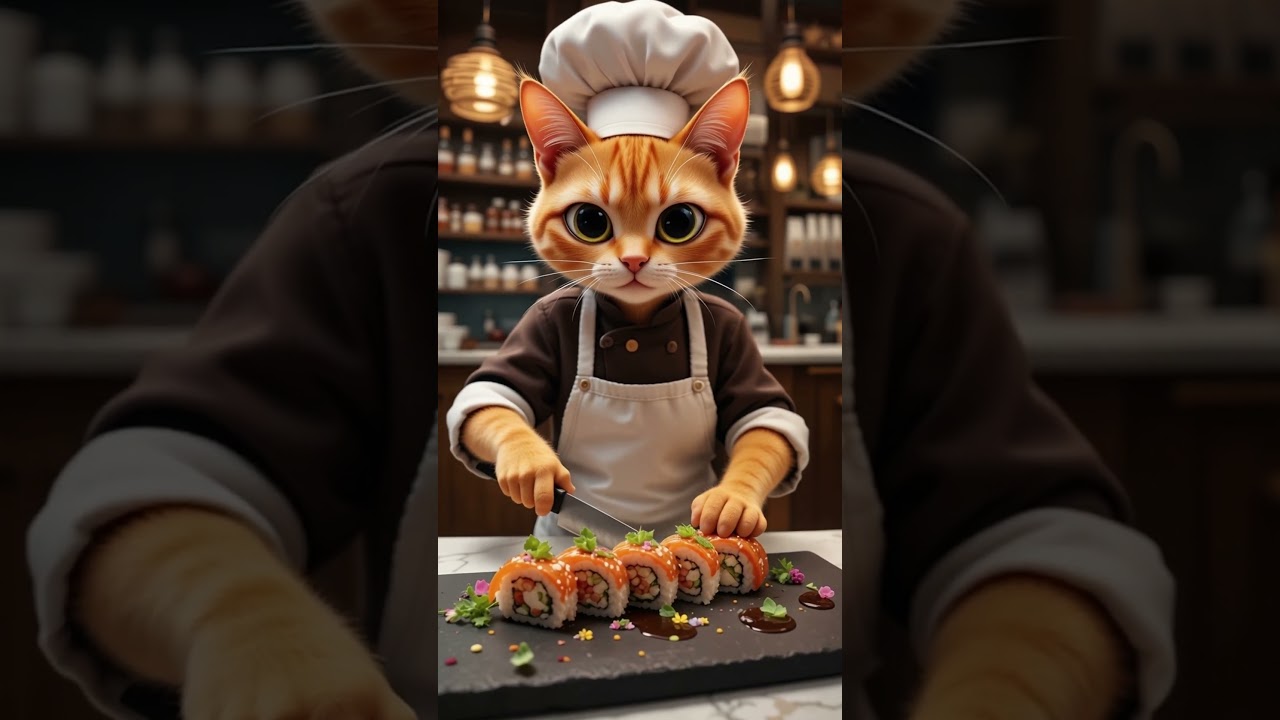 Charming Tabby Cat Makes Sushi Like a Pro in a Luxury Restaurant #shortsvideo #cuteanimal #cutecat