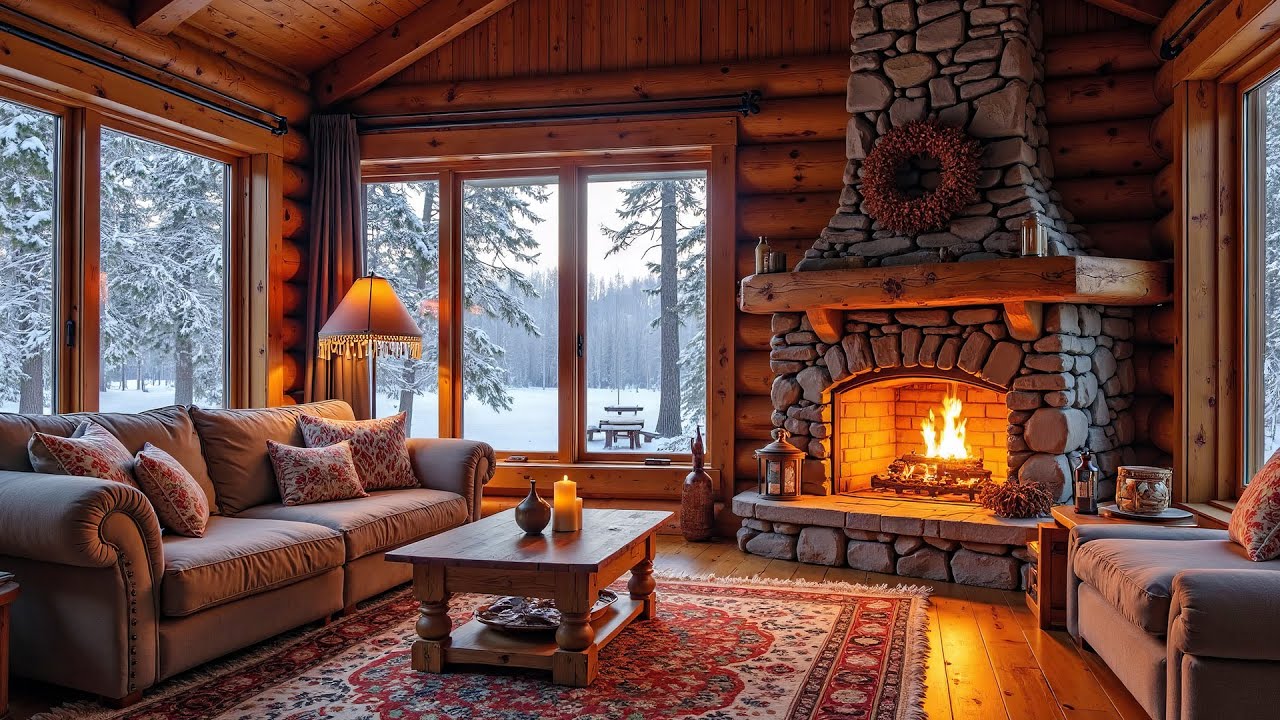 Cozy Winter Cabin Morning ☀️🏡 Fireplace Warmth & Falling Snow Outside