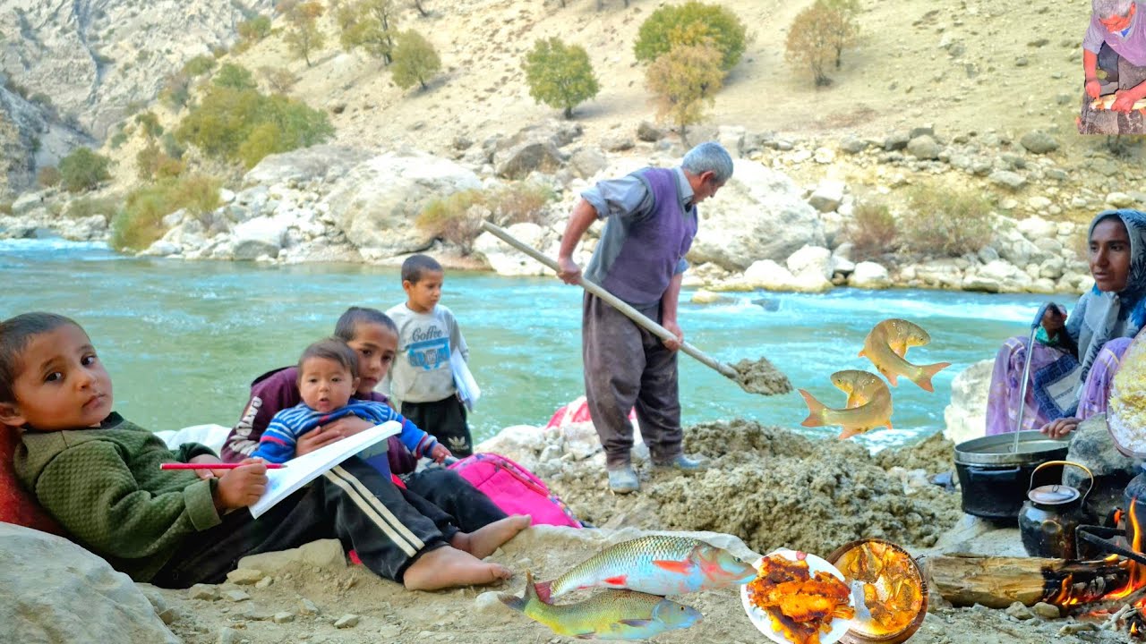 Single Mother Surviving with Four Kids by a Wild River | Shelter Building & Fishing in the Zagros