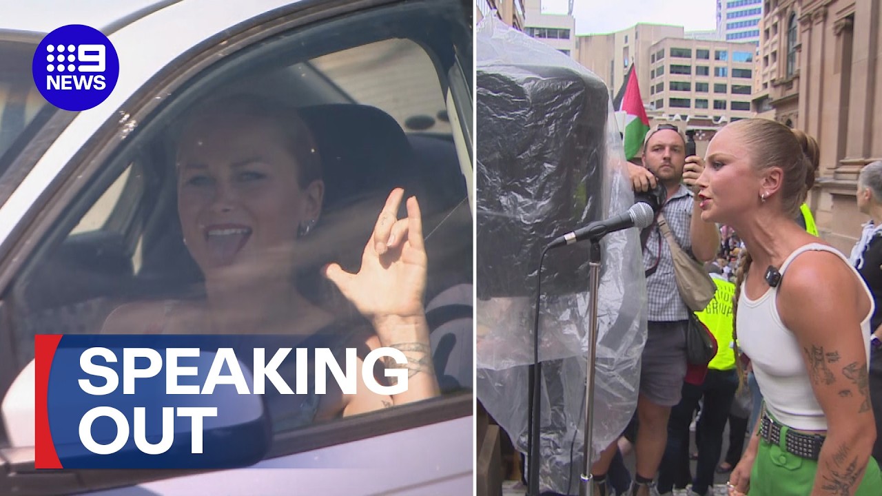 Pro-Israel supporters protest Grace Tame's IWD panel appearance | 9 News Australia