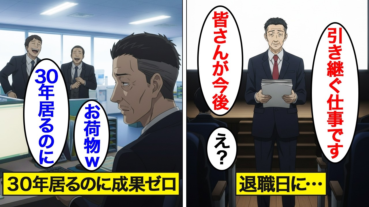 【漫画】30年間お荷物と罵られ続けた60歳。「使えないしいる意味ある？ｗ」しかし定年退職時の挨拶で300人の社員が凍り付き…【スカッと】