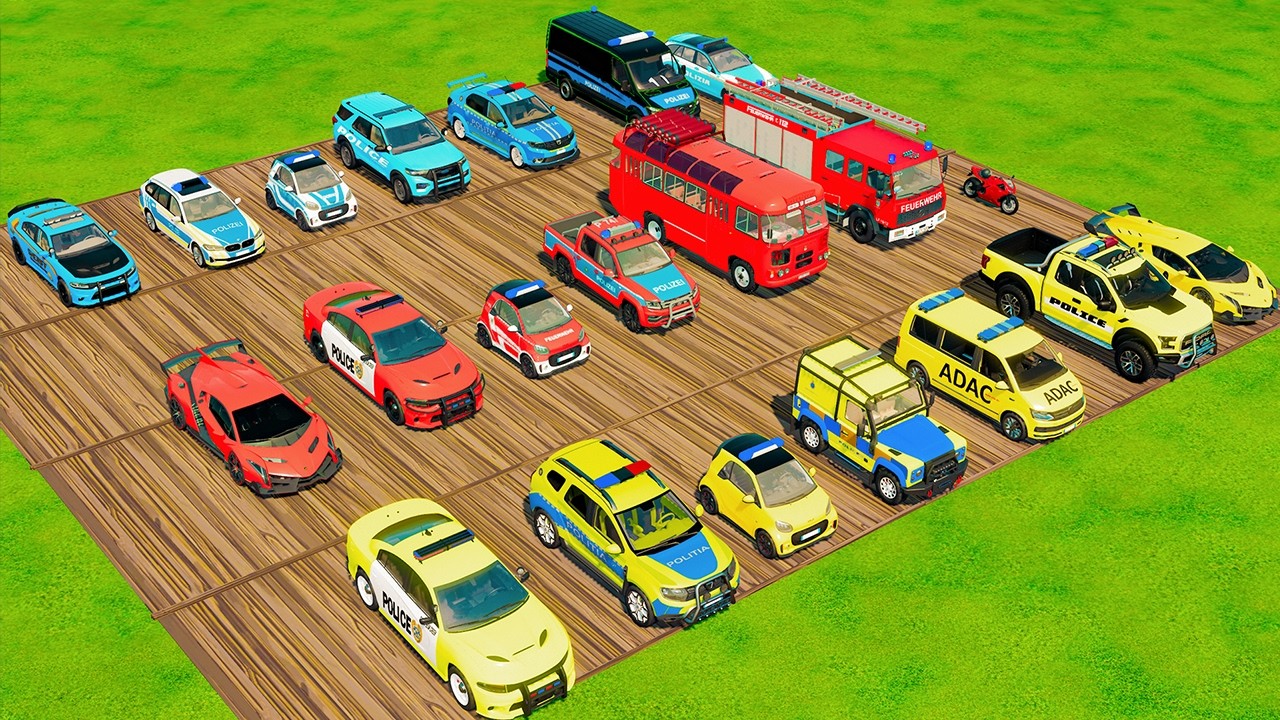 TRANSPORTING CARS, AMBULANCE, POLICE CARS, FIRE TRUCK OF COLORS! WITH TRUCKS! - FS 22