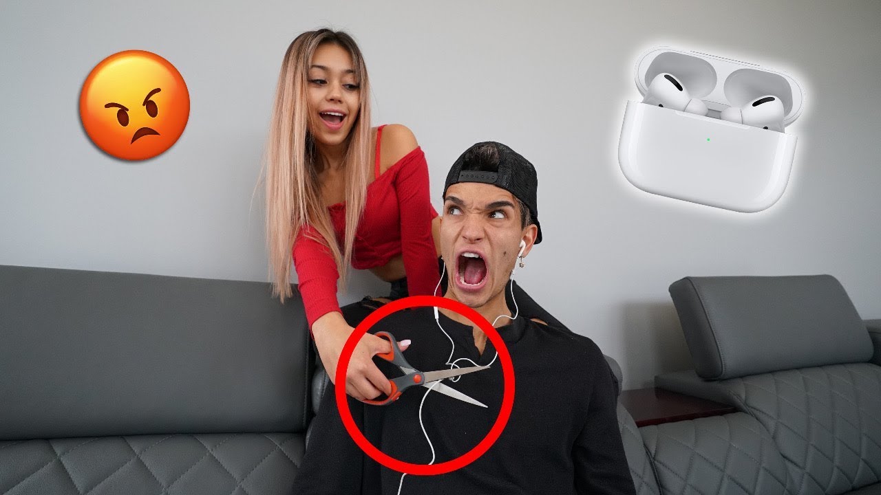 Cutting My Boyfriend's Earphones, then Giving Him AirPods Pro!