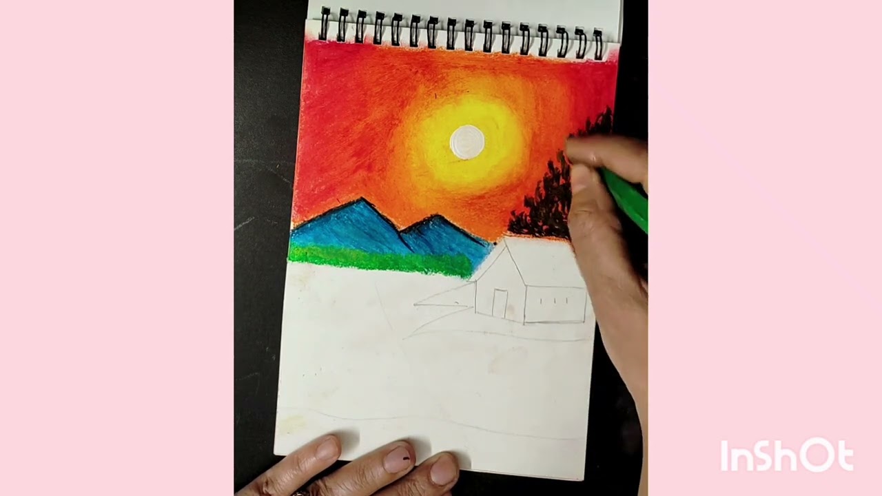 Beautiful scenery landscape drawing easy step by step #oil pastels #first step craft