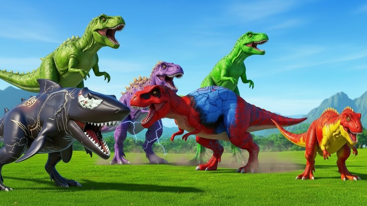Captain America T REX vs  Iron Man, Carnage & Batman in an Epic Dinosaur Battle!  Superhero Story!