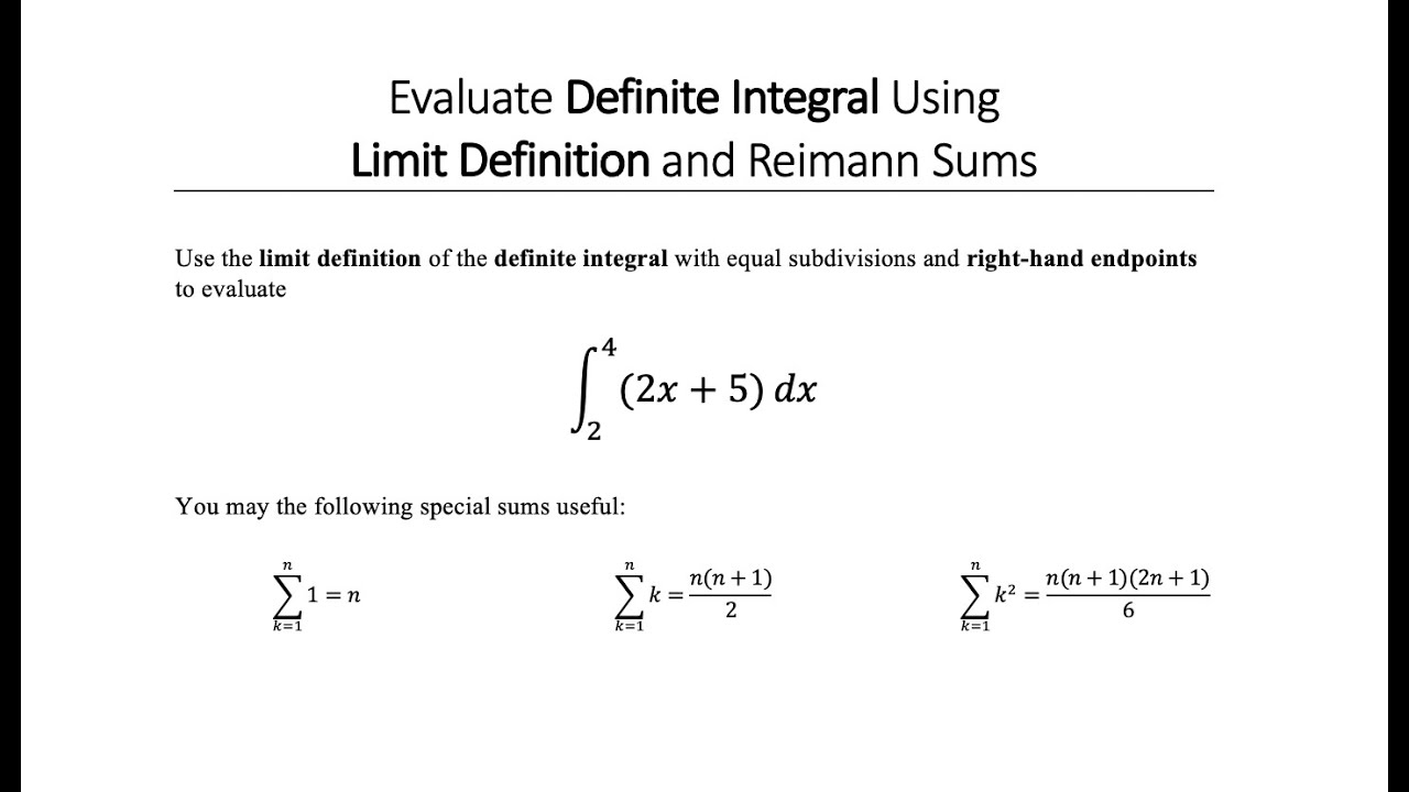 Evaluate Definite Integral using Limit Definition with Riemann Sums