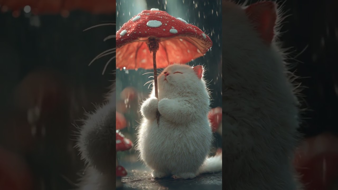 &ldquo;Adorable Fluffy Cat Holding a Mushroom Umbrella in the Rain 🌧🍄🐱&rdquo; #aiart #funny #foryou #3danimation
