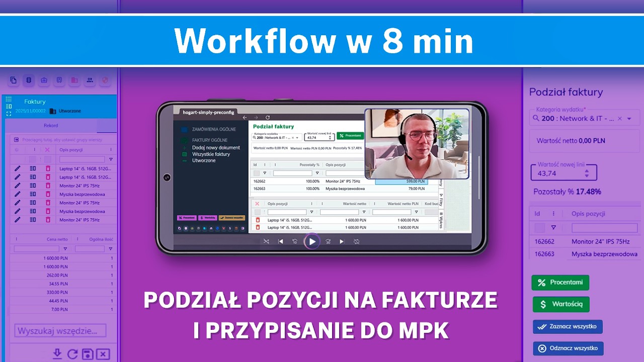 Workflow: podział pozycji na fakturze, przypisanie do wybranego MPK