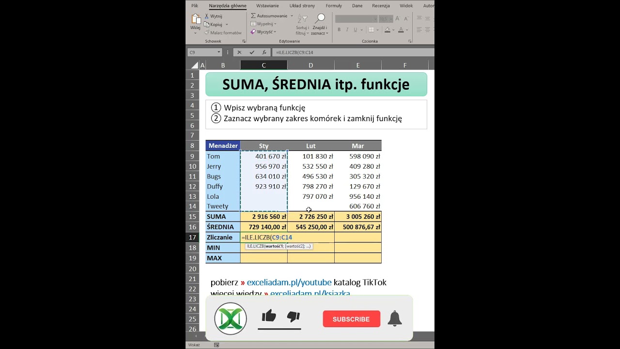 Funkcje SUMA, ŚREDNIA, ILE.LICZB, MIN, MAX | Excel w minutę #32