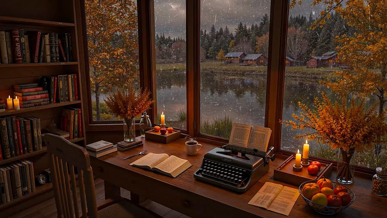 Cozy Autumn Rain by the Window 🍂 Relaxing Jazz Piano & Candlelight Ambience for Study and Work