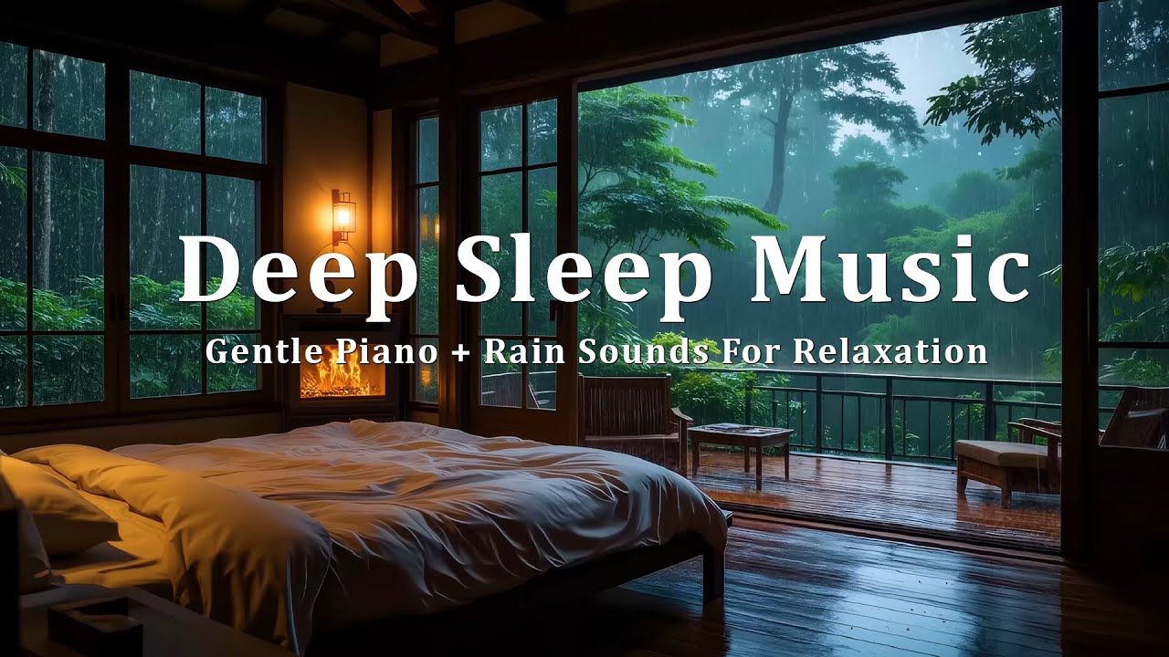 Relaxing Sleep Music & Winter Rain Sounds for Sleeping, Warm Night Bedroom and Peaceful Piano