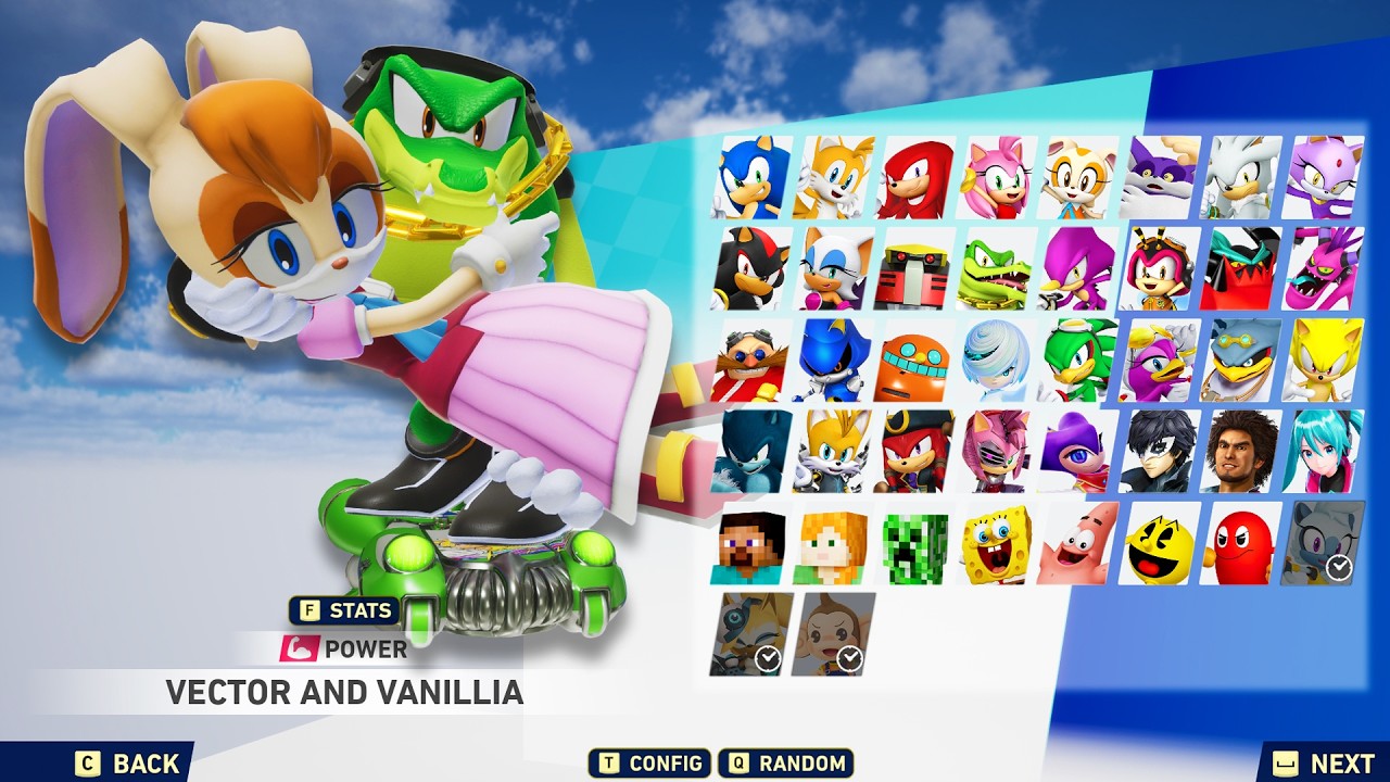 Vector is holding Vanilla his hands in Sonic Racing Crossworlds!