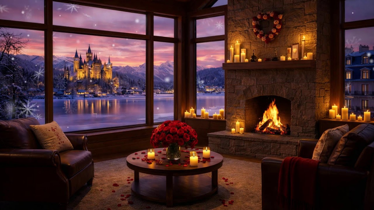 💖 Romantic Winter Hideaway (NO MID-ROLL ADS) – Fireplace Jazz & Snowfall