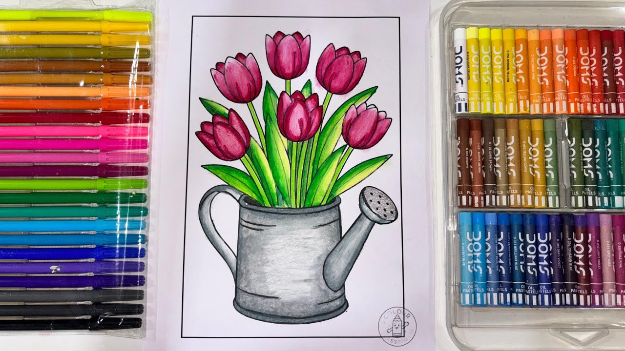 🌷 Beautiful Tulip Flower Drawing with Oil Pastels | Easy Flower Coloring Tutorial
