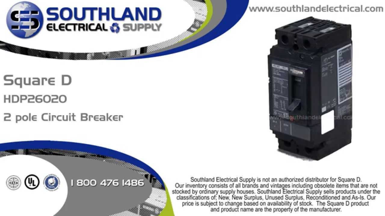 Square D HDP26020, 20 Amp, 600 Volt, Powerpact, 2 Pole Circuit Breaker