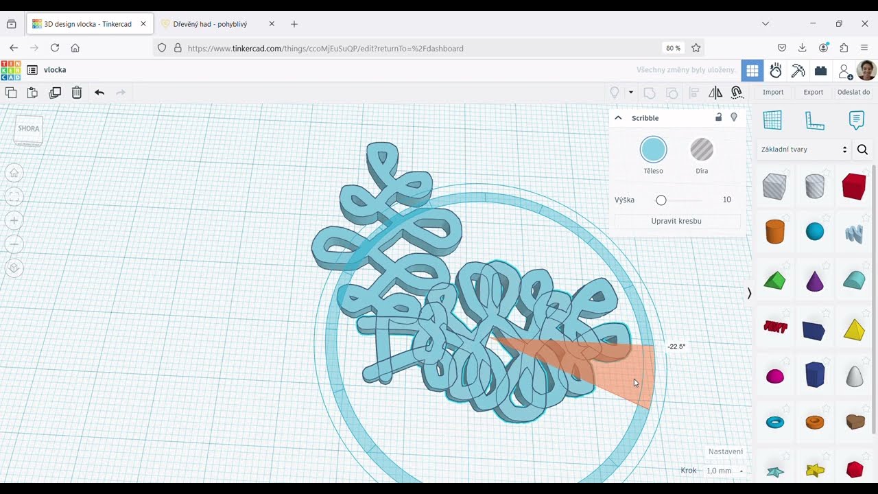 Tinkrcad tutorial - vločka - duplikace s posunem a rotací