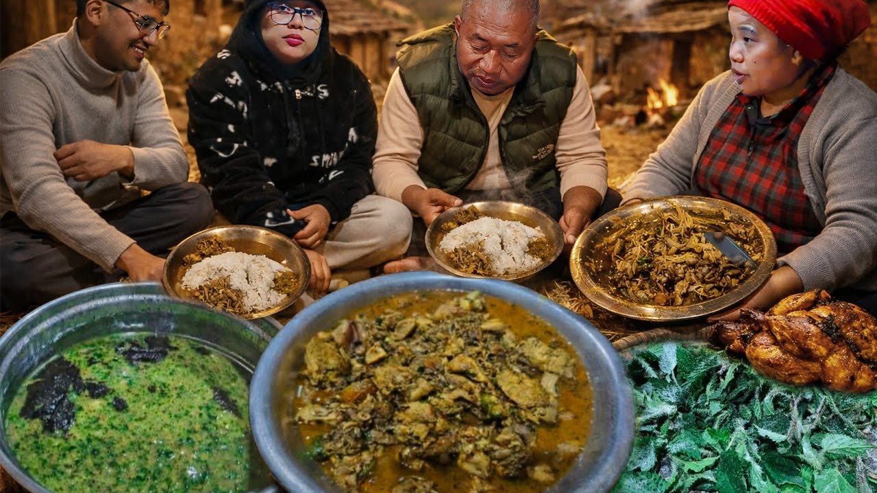 🥰Village style Cooking & Eating nettle leaf/ Dhido, Chicken Curry, Sisnu 🌿, Mushroom🍄 & Tomato Achar
