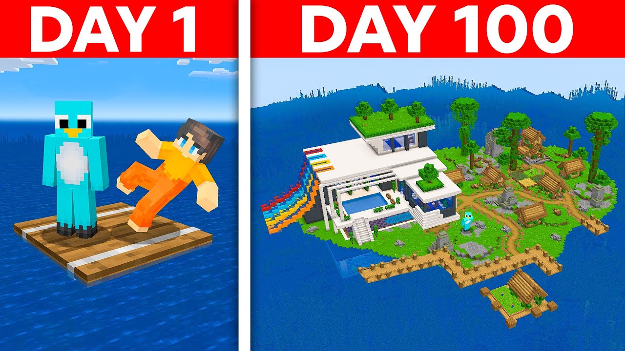 Stranded 100 Days on ONE RAFT in Minecraft!