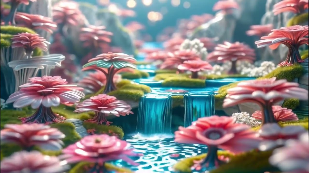 Relaxing Sound Enchanted Pink Waterfalls 💖 | Calm River Sounds & Soft Music